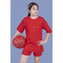 Toontoy Kids Toontoy Kız Çocuk Baskılı Taş İşlemeli Şortlu Takım Kırmızı