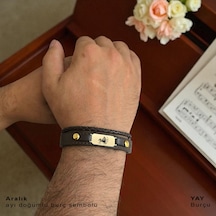 Archin Yay Burçları İçin Kahverengi Derili Oval Motifli 14 Ayar Altın Plakalı Hediye Bileklik-602burç Yay
