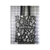 Owl Bag Gotik Tarz -witch And Skulls Desenli Tasarım Kumaş Omuz Çantası Siyah Beyaz
