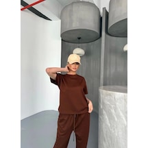 Osy Modal Yumuşak Dokulu Kumaş Kısa Kollu Bluz Rahat Pantalon Ikili Takım- Kahverengi Kahverengi