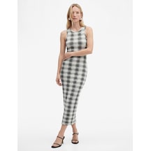 Koton Slim Fit Bisiklet Yaka Midi Boy Ekose Bodycon Elbise Altın Çizgili 6sak80061uk