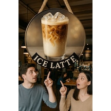 Ice Latte Temalı Yuvarlak Cafe Tabelası, Jüt İpli Ahşap Duvar & Kapı Dekoru, Barista Tarzı Süs