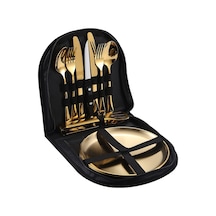 Sones Paslanmaz Çelik Taşınabilir Çatal Bıçak Takımı Batı Biftek Bıçağı Çatal Kaşık Seti, Renk: Siyah Altın