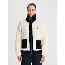 Fenerbahçe Ekru Trend Kadife Detaylı Peluş Kadın Oversize Sweatshirt