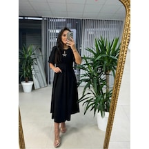 Kadın Kısa Kollu Bisiklet Yaka Fiyonk Broşlu Midi Janjan Krep Elbise Siyah