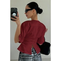 Kadın Bordo Kısa Kollu Sırt Dekolteli Slim Fit Bluz/t-shirt Bordo