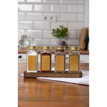 Mienda Home 4'lü Ahşap Standlı Cam Baharatlık Seti Gold Kapaklı Etiketli Baharatlık Takımı Mh01gld04 Gold - Şeffaf