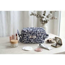 Kapitone Dikişli Denim Papatyalı Küçük Makyaj Çantası / Organizer - %100 Pamuk Kumaş Denim - Papatyalı