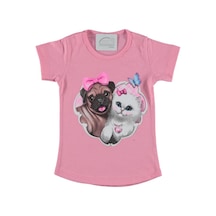 Liay Moda Köpek Kedi Baskılı Kız Çocuk Tişört Pembe Liay Moda Köpek Kedi Baskılı Kız Çocuk Tişört Pembe