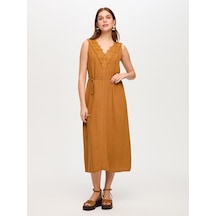Faik Sönmez Dantel Garnili Kolsuz Viskon Keten Elbise S26elb035 Us26elb03535 Camel