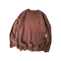 Erkek Kazak Düz Renk Yırtık O Yaka Büyük Boy Çift Kazak Kahverengi