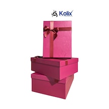 Kolix 3 Lü Fuşya Fiyonklu Hediyelik Dekoratif Bohça Yeni Yıl Yılbaşı Kutusu 35-25-13 Cm