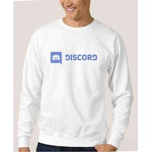 Discord Yazı Baskılı Beyaz Erkek Örme Sweatshirt