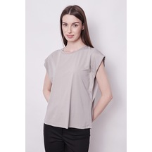 Jument Şık Likralı Span Kumaş Kolsuz Geniş Sıfır Yaka Düşük Omuzlu Basic Tshirt Bluz-gri Gri
