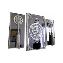 3lü Gümüş Dikdörgen Aynalı Çerçeveli Püsküllü Duvar Saati Takımı, Wall Clock, Hediye, Ms38-1