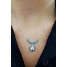 Turkuaz ve Zirkon Taşlı Gümüş Kadın Kolye (452223408)