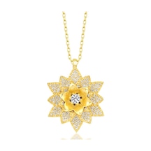 Gümüş Gold Beyaz Taşlı Lotus Çiçeği Kadın Kolye Gümüş