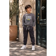 Eray Alp Kids Erkek Çocuk Dinozor Baskılı Sweatshirt Eşofman Takımı Günlük Rahat Kombin Gri