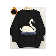 Herkesemoda Kuğu Baskı Detaylı Bisiklet Yaka Sweatshirt Siyah