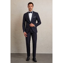 Hatemoğlu Lacivert Desenli Slim Fit Çıkma Sivri Yaka Smokin Damatlık Lacivert