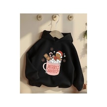 Herkesemoda Merry Bright Baskı Detaylı Kapüşonlu Sweatshırt Siyah