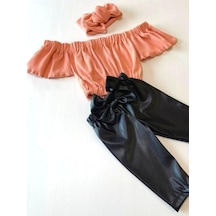 Özge Başaran Çocuk, Likralı Deri Fiyonk Detaylı Pantolon, Somon Rengi Straplez Crop Bluz Ve Saç Pembe