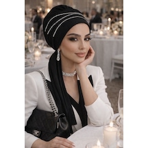 Aişe Tesettür Siyah Taşlı Atkılı Abiye Bone - 60101