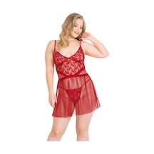 Büyük Beden Kırmızı Kısa Tül Gecelik Kırmızı