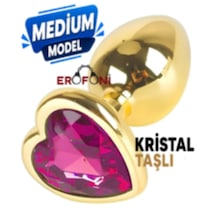 Erofoni Paslanmaz Çelik 8 Cm Kristal Taşlı Gold Kalp Figürlü Medium Anal Açııcı Alıştırıcı Gevşetici Metal Plug