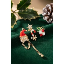 Gold Noel Baba Şapkalı Zirkon Taşlı Yılbaşı Küpe Altın