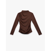 Koton Slim Fit Dik Yaka Uzun Kollu Drapeli Bluz Kahverengi 6sak80023pk Kahve