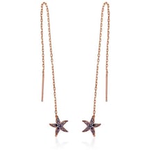 Gümüş Siyah Taşlı Deniz Yıldızı Zincirli Küpe Gold - Rose Gold