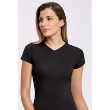 Markapia Kadın Likralı V Yaka Kadın T-shirt Siyah