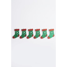 Simli Noel Çorabı Yılbaşı Ağacı Süsü 6'lı Set - Yeşil Kırmızı Yıldızlı Asma Süs