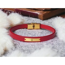 Archin Ü Harfine Özel Kırmızı Derili Dikdörtgen Motifli 14 Ayar Altın Plakalı Hediye Bileklik-548harf Ü