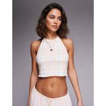 Merlot Halter Yaka Ekoseli Crop Üst Ekose