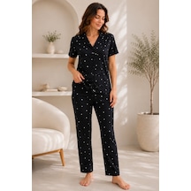 Wordex Mirano 9508 Minik Kalpli Desenli Pegasus Kumaş Düğmeli Kısa Kolu Kadın Pijama Takımı Siyah