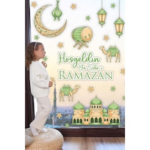 Hoşgeldin Ya Şehr-i Ramazan Yeşil Tonlarda Cami Hilal Develerden Oluşan Cam Duvar Sticker Seti Ramazan Süsleri Seti Çok Renkli