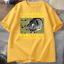 Flood Of Style Japon Tarzı Kayıp Peynir Sıçan T-shirt Erkekler Pamuk Kısa Kollu T Adam Giysileri T-sh Sarı