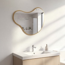 60x75 Cm Modern Organik Asimetrik Ayna Altın Çerçeveli Dekoratif Duvar Ve Banyo Aynası Minimal Tasarım Ayna Altın