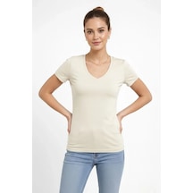 Kadın V Yaka Slim Fit Likralı Tişört - Taş Taş Kadın V Yaka Slim Fit Likralı Tişört - Taş Taş