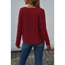 Dogutrend Kadın Uzun Kollu V Yakalı Yarasa Kollu Viskon Bluz Bordo