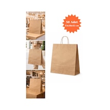 Burgu Saplı Kraft Çanta Kağıt Poşet Butik Mağaza Hediye Tatlı Torbası 33x18x42 Cm 50li