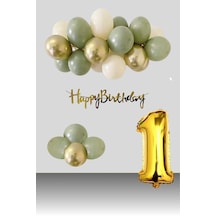 1 Yaş Retro Krom Gold Küf Yeşili Kum Beji Balon Happy Birthday Banner Gold Rakam Doğum Günü Süsleme Çok Renkli