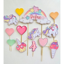 Unicorn Temalı İsme Özel Kız Çocuk Doğum Günü Pasta Süsü Seti