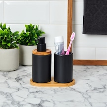 Bambu Standlı Seramik İkili Banyo Seti Gri