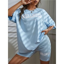 Flood Of Style Kadın Bebe Mavisi Wellness Baskılı Oversize Bisiklet Yaka Tişört Bej