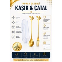 Jojobebek Yaprak Tasarımlı Gold Renk Paslanmaz Çelik Kaşık ve Çatal + Saklama Kutusu Sarı
