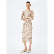 Koton Yuvarlak Yaka Uzun Kollu Floral Desenli Midi Boy Kalem Elbise Kahverengi Desenli 5sak80006uk