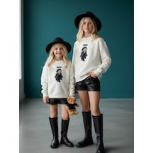 Kız Çocuk İki İplik Ayıcık Nakışlı Tasarım Sweatshirt-16467 Ekru